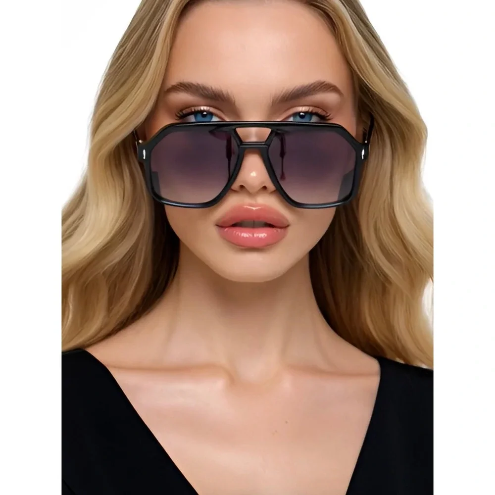 Oversized‎ Black Aviator Sunglasses Women Shades Flat Top Square Frames Female